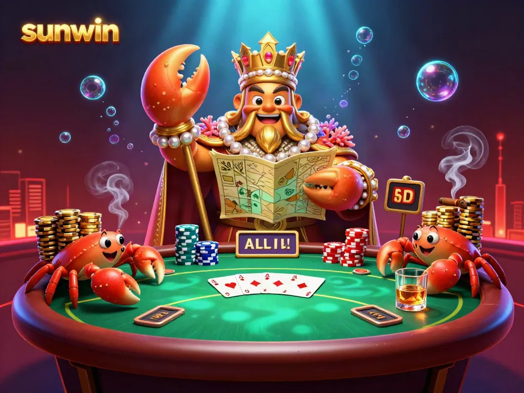 Win big at sunwin with an exciting scene of a golden crab emperor leading a lively poker game.