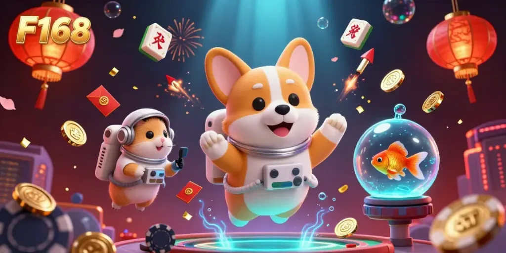 Experience F168's thrilling gaming action with vibrant visuals inside a cosmic casino setting.
