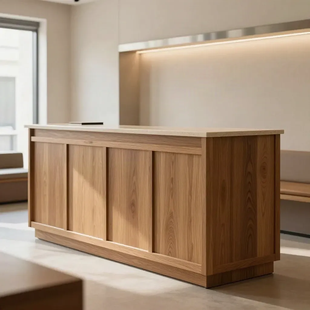 Custom eiken balie met strakke kastenwand in een lichte, warme lobby.