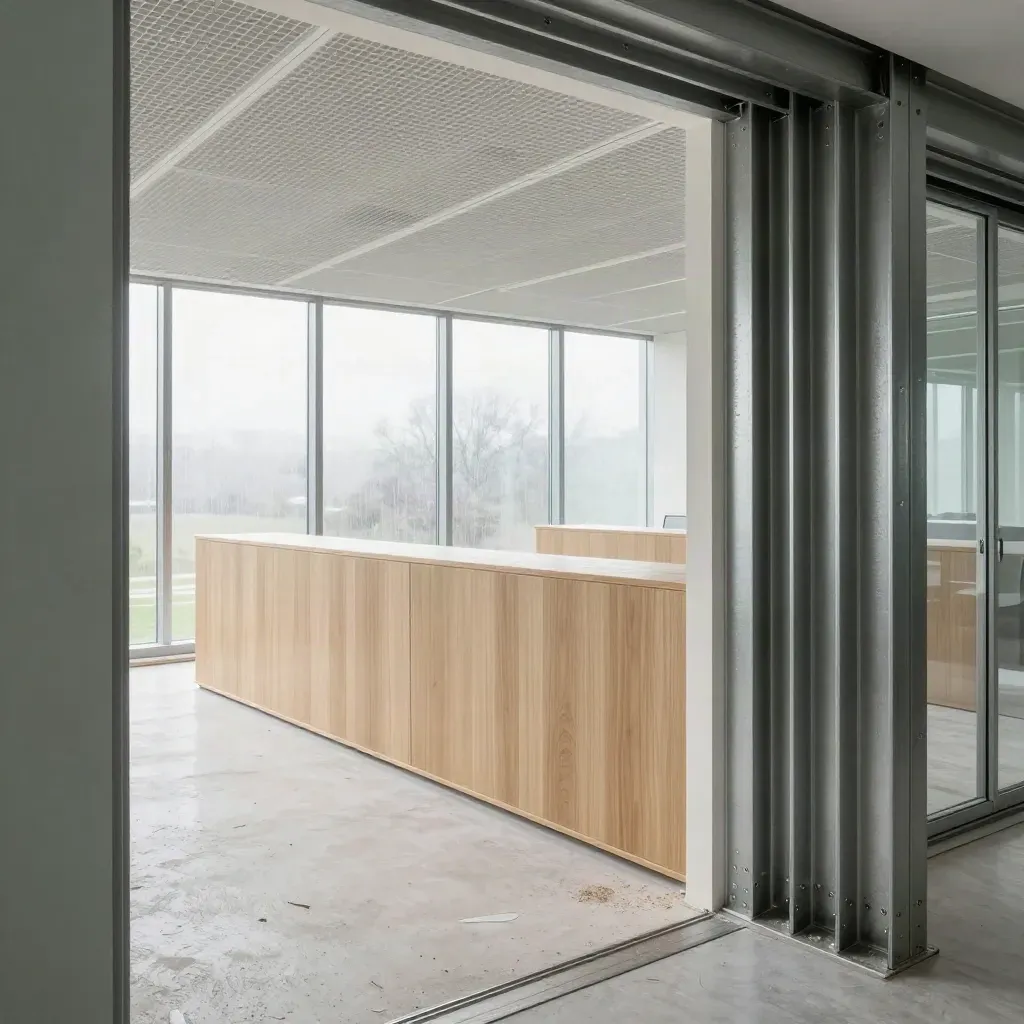 Macro van kantoorafbouw met metal-stud, gips, systeemplafond, eiken maatwerk en mineralen vloer.