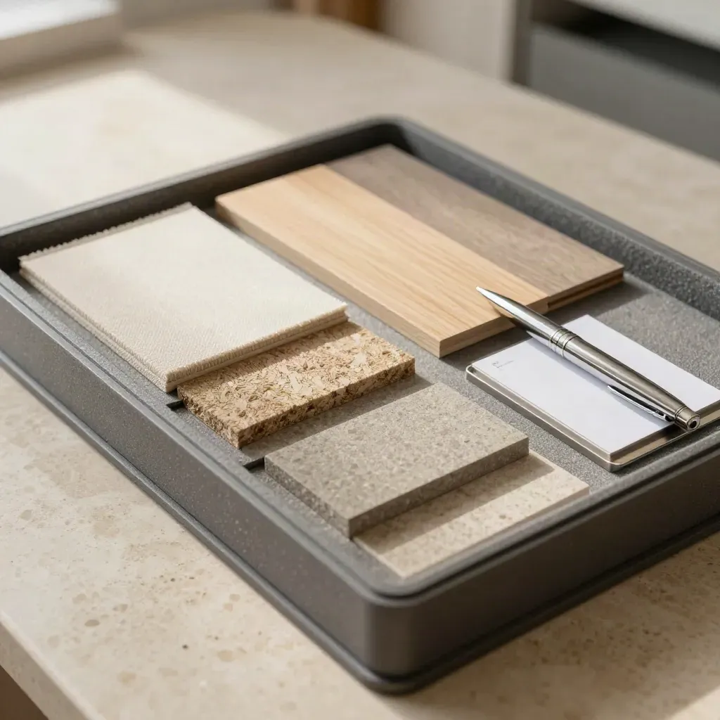 Open presentatiekoffer met vloer-, wand- en stoffinish samples, pen en leeg kaartbakje