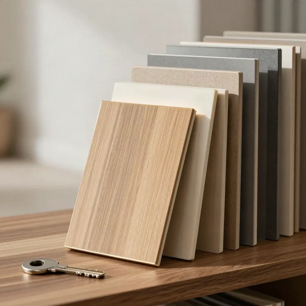 Materiaalstalen in een strakke swatch-stand op een warme houten plank, zacht zijlicht