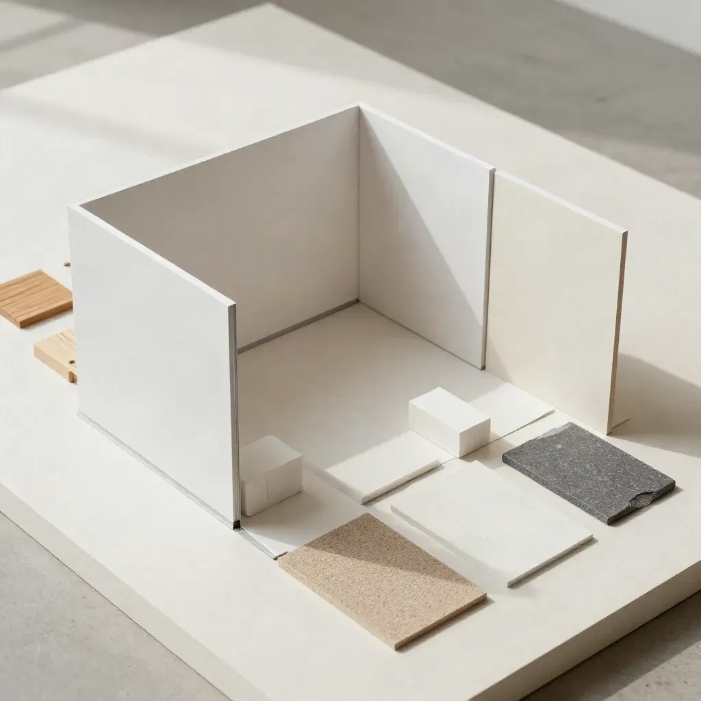 Bovenaanzicht van schuimblokken, materiaalstalen en een wit model van een ruimteplan.