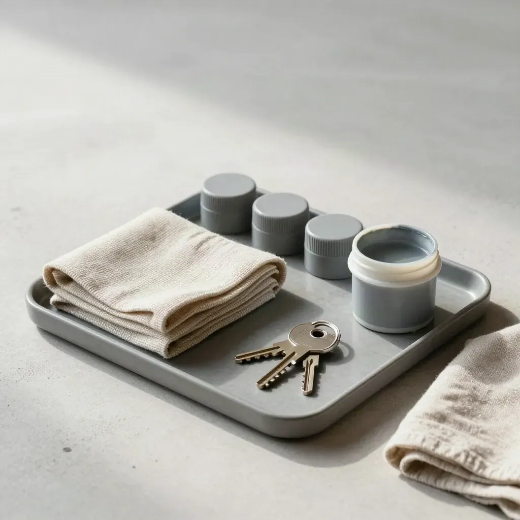 Microvezeldoek, afwerkcaps, verfpotje en sleutels op een tray voor oplevering.