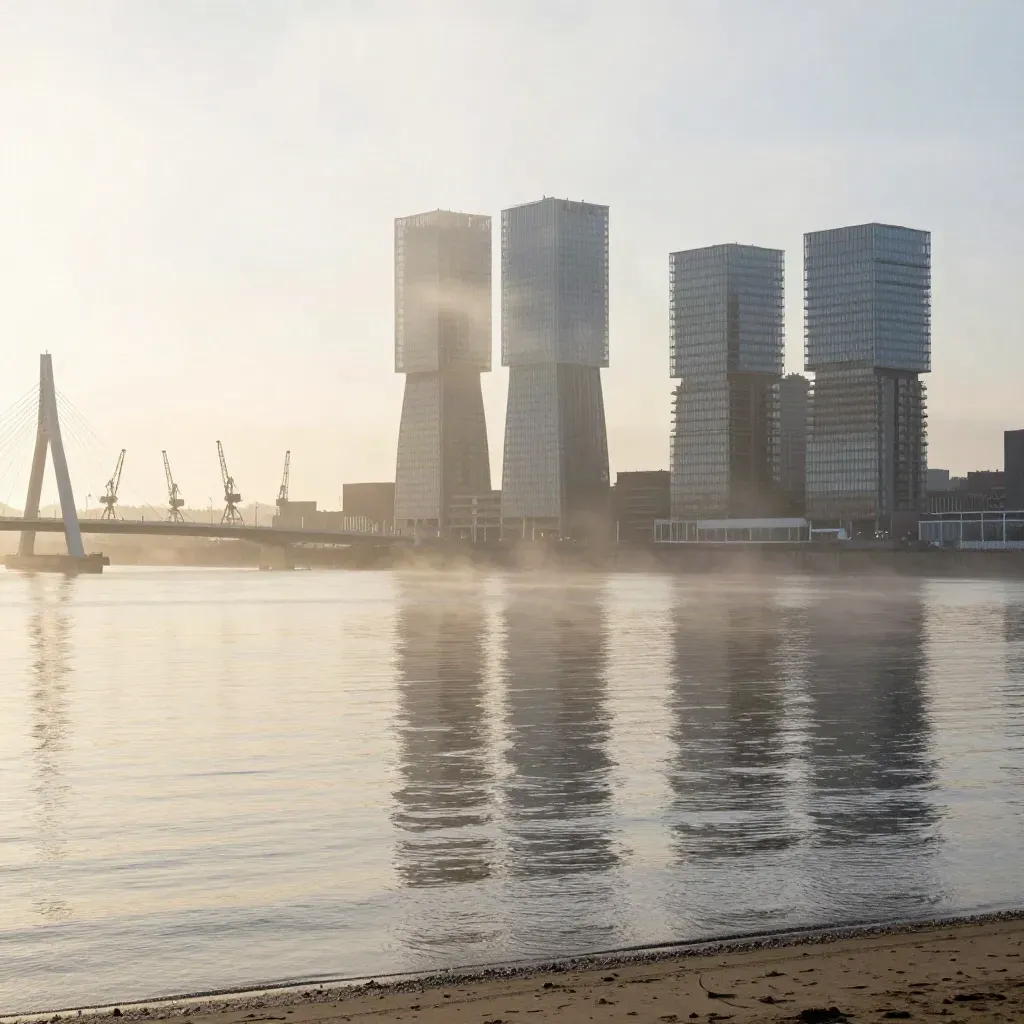 Rotterdamse skyline uit warme mist boven rustig water in Zuid-Holland