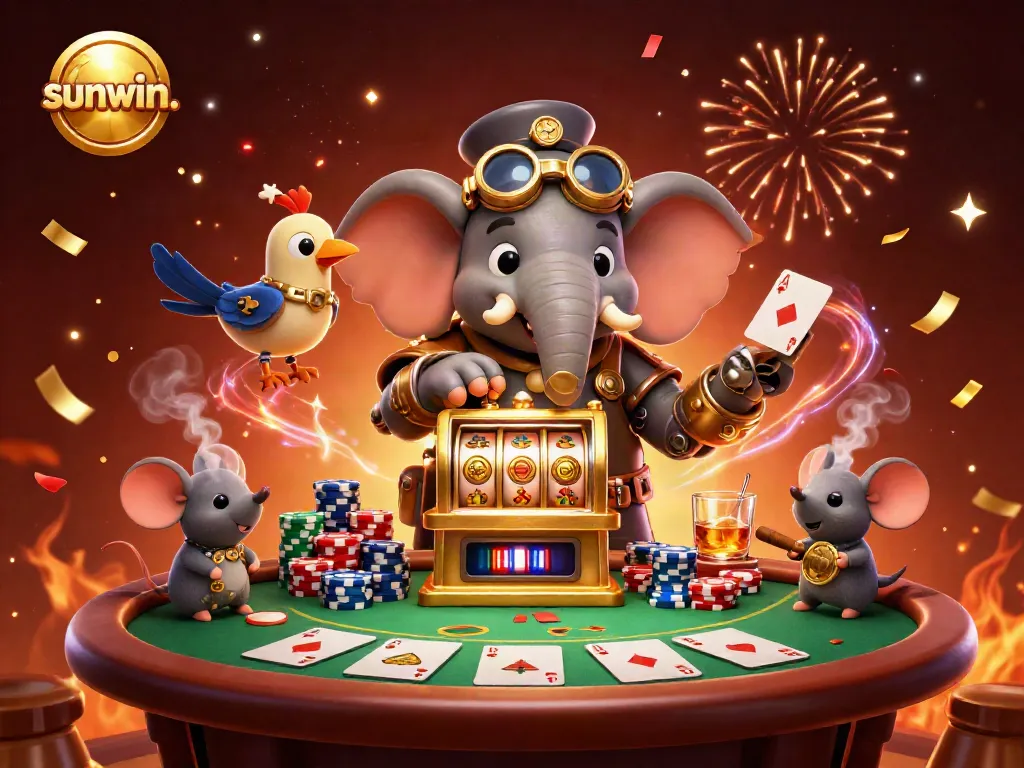 Experience thrilling wins with sunwin. as a steampunk elephant operates a golden slot machine.