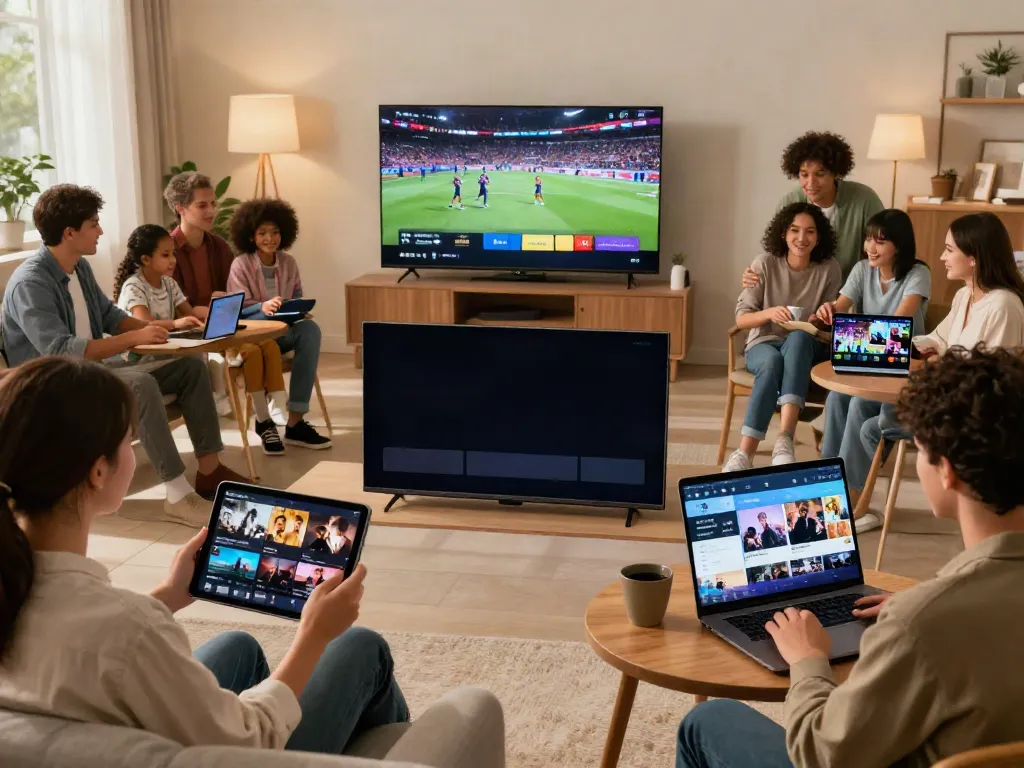 Engaging streaming scene showcasing diverse users accessing entertainment through multiple devices at https://pickashowapp.com/ in a vibrant, inviting atmosphere.