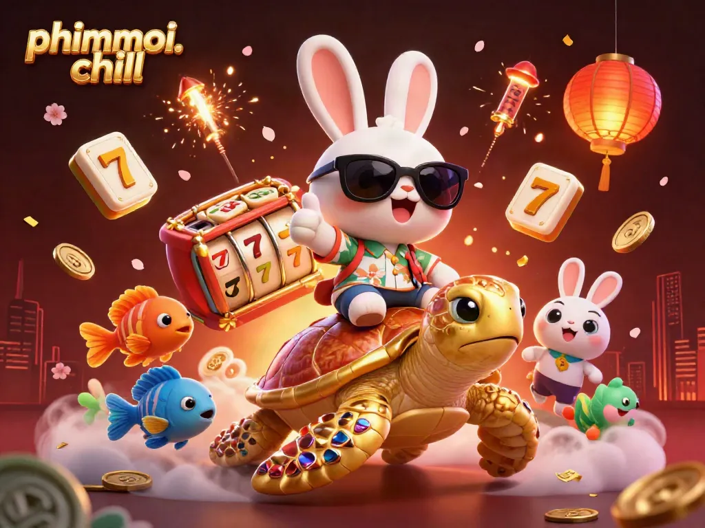 Experience excitement with phimmoi. chill featuring a lucky rabbit and a sea turtle in a vibrant casino scene.