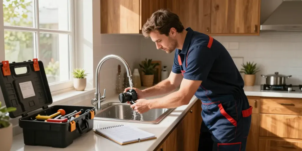 Een professionele loodgieter die een lekkende gootsteen repareert in een moderne keuken, urgentie loodgieter service in actie.